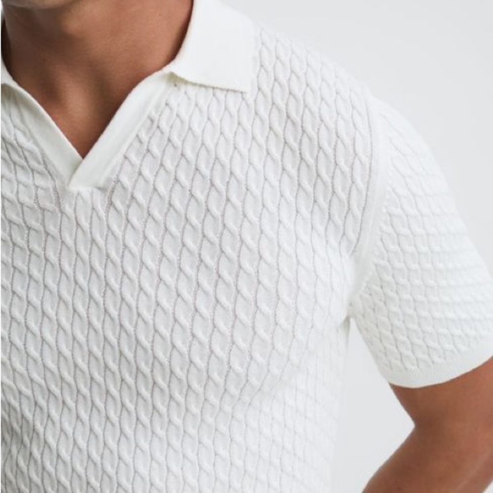 Reiss white cream cable knit v neck polo shirt - Picture 4 of 8